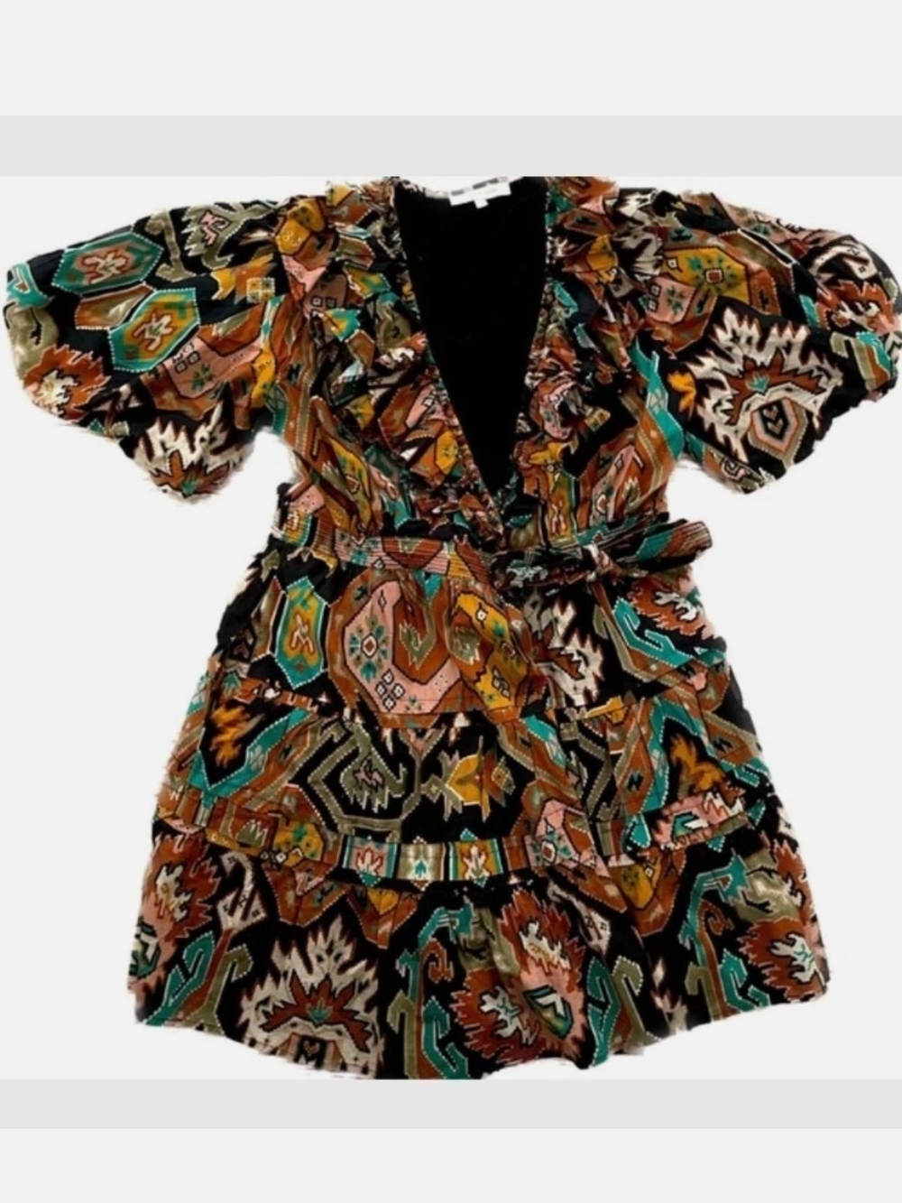Love The Label Remy RuffleBoho Floral Print Puff-Sleeve Mini Dress - Brown Multi - Picture 3 of 4